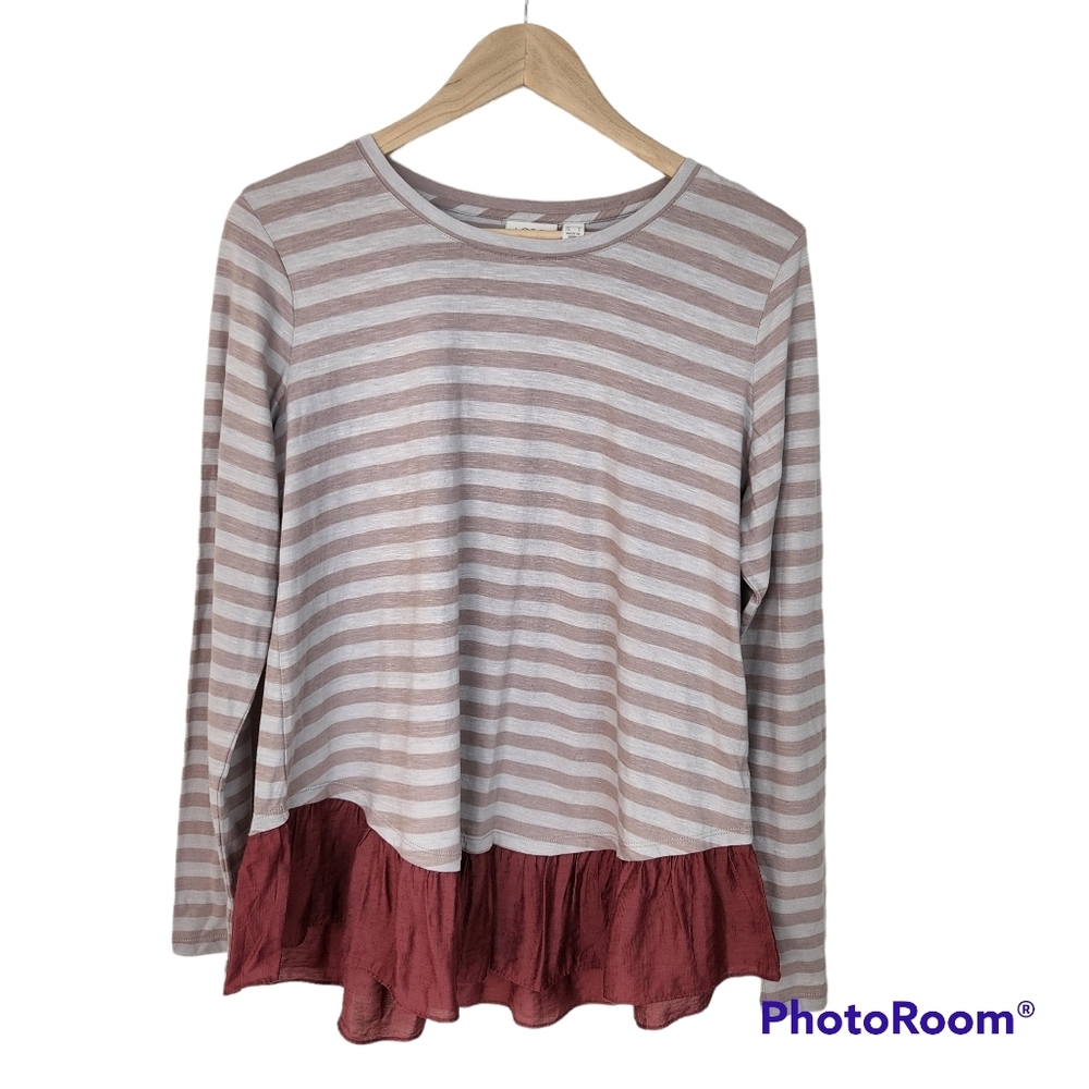 LOGO Lori Goldstein Slub Knit Long Sleeve Ruffle Hem Brown Stripe Top Sz M